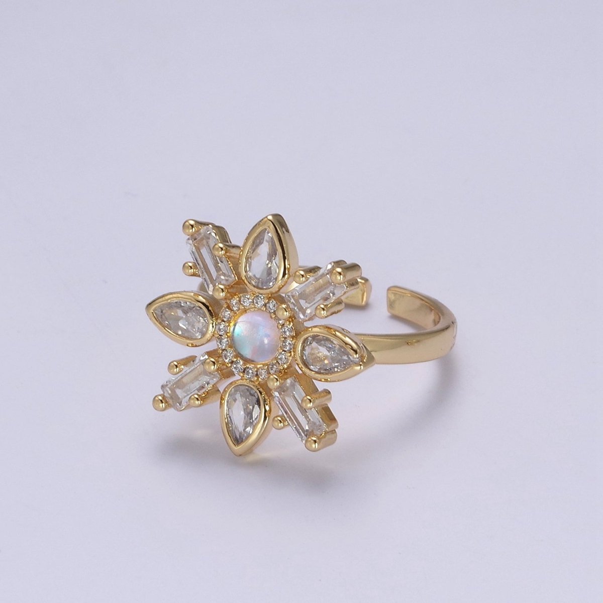 Clear & Rainbow Crystal Zirconia Flower Ring, Dainty Mother Nature 24K Gold Filled Adjustable Statement Ring | U-457 U-458