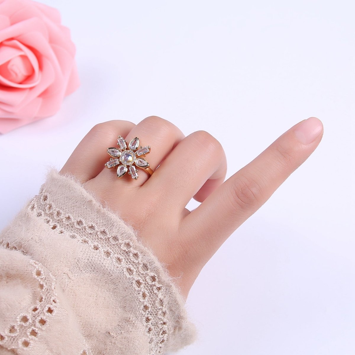 Clear & Rainbow Crystal Zirconia Flower Ring, Dainty Mother Nature 24K Gold Filled Adjustable Statement Ring | U-457 U-458