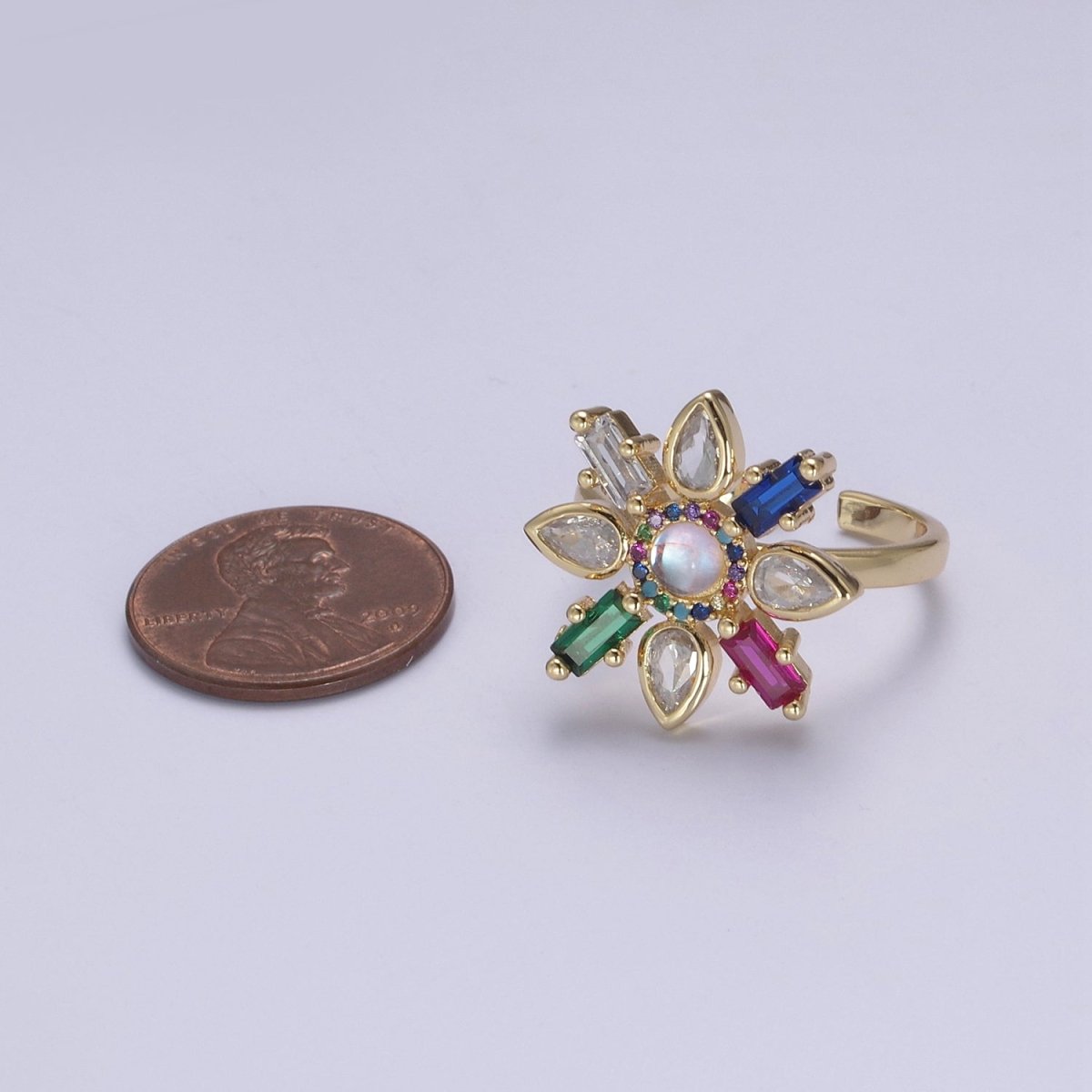 Clear & Rainbow Crystal Zirconia Flower Ring, Dainty Mother Nature 24K Gold Filled Adjustable Statement Ring | U-457 U-458