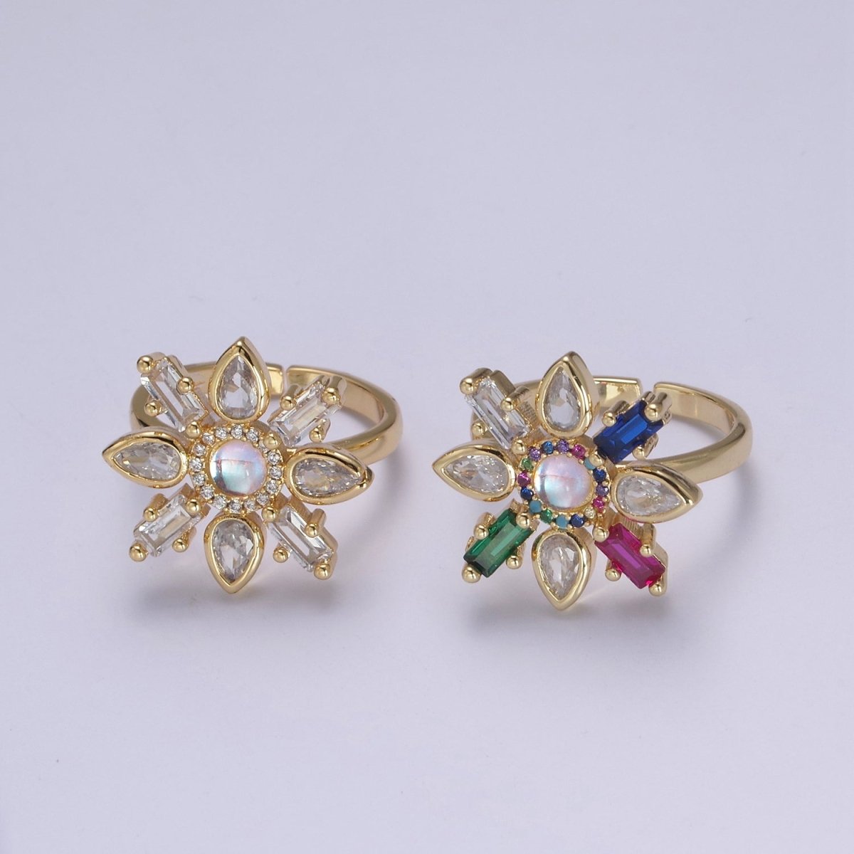 Clear & Rainbow Crystal Zirconia Flower Ring, Dainty Mother Nature 24K Gold Filled Adjustable Statement Ring | U-457 U-458