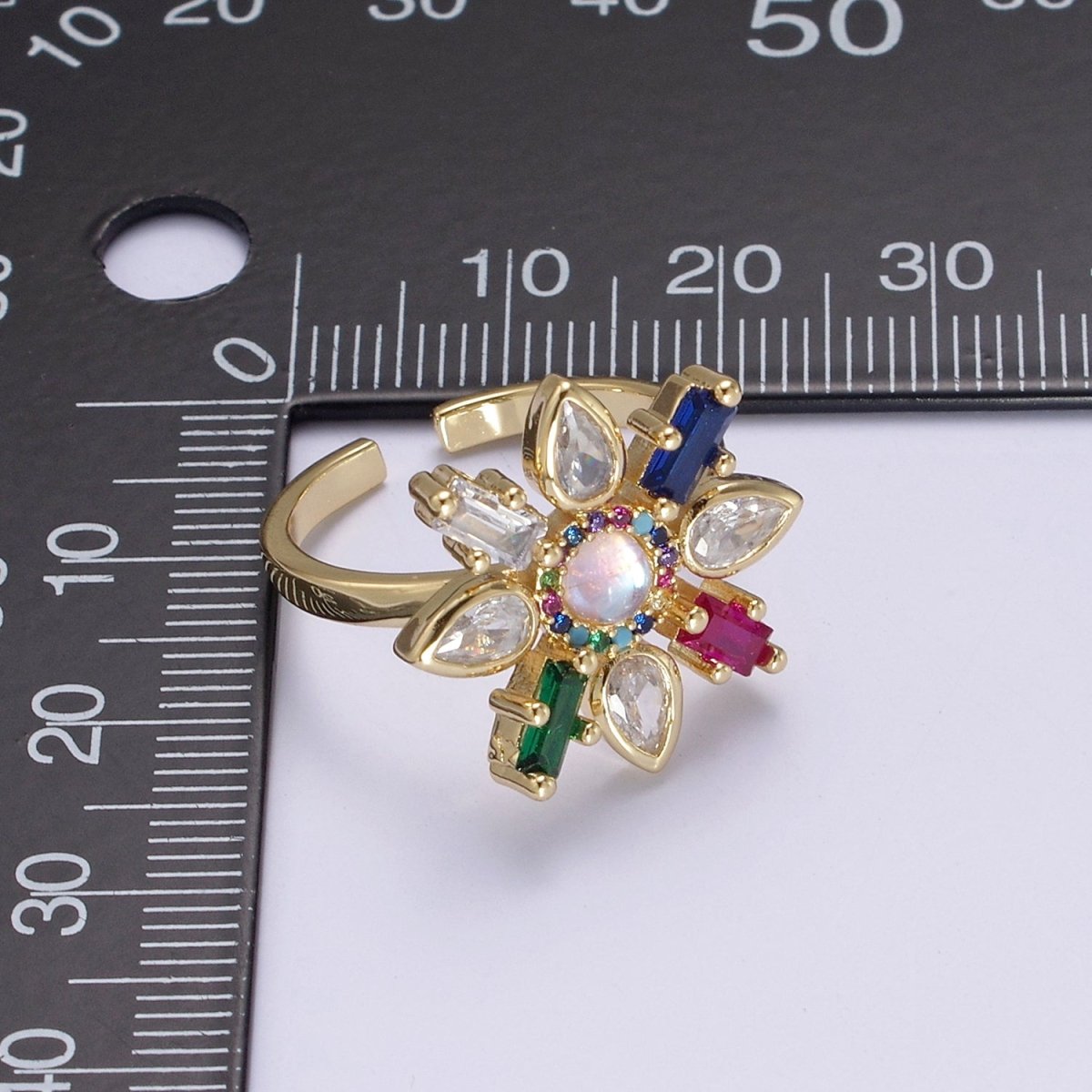 Clear & Rainbow Crystal Zirconia Flower Ring, Dainty Mother Nature 24K Gold Filled Adjustable Statement Ring | U-457 U-458