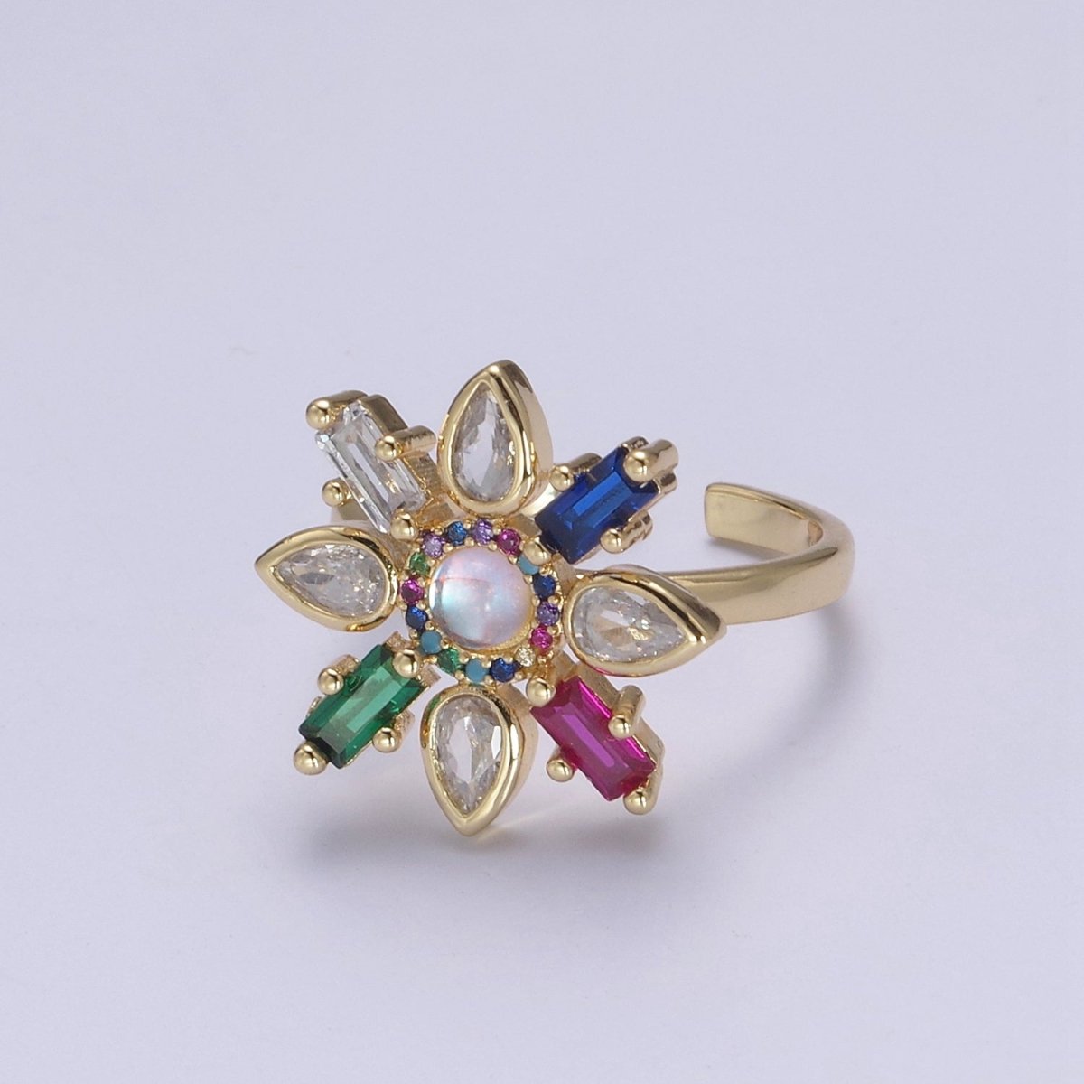 Clear & Rainbow Crystal Zirconia Flower Ring, Dainty Mother Nature 24K Gold Filled Adjustable Statement Ring | U-457 U-458