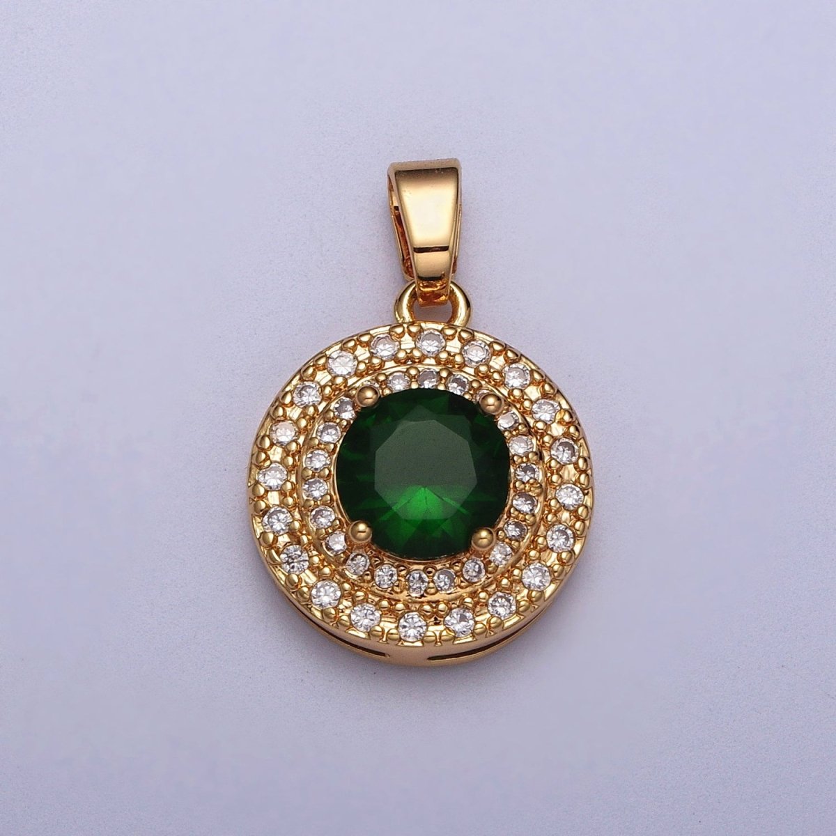 Clear, Red, Blue, Green CZ Micro Paved Round Gold Pendant | AA014 - AA017