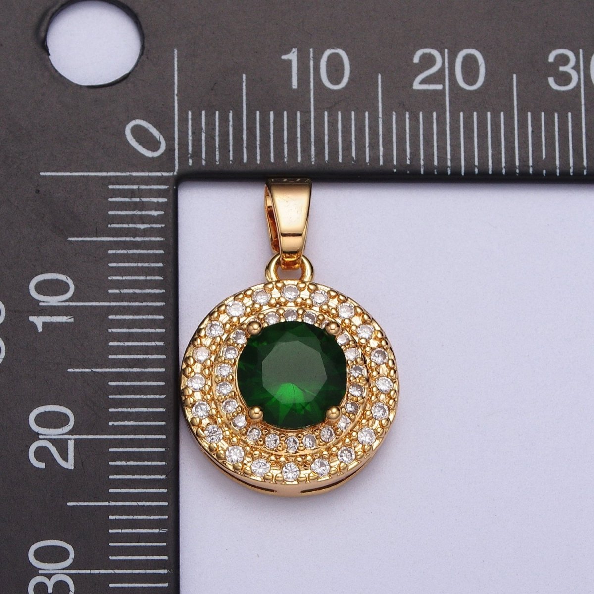 Clear, Red, Blue, Green CZ Micro Paved Round Gold Pendant | AA014 - AA017