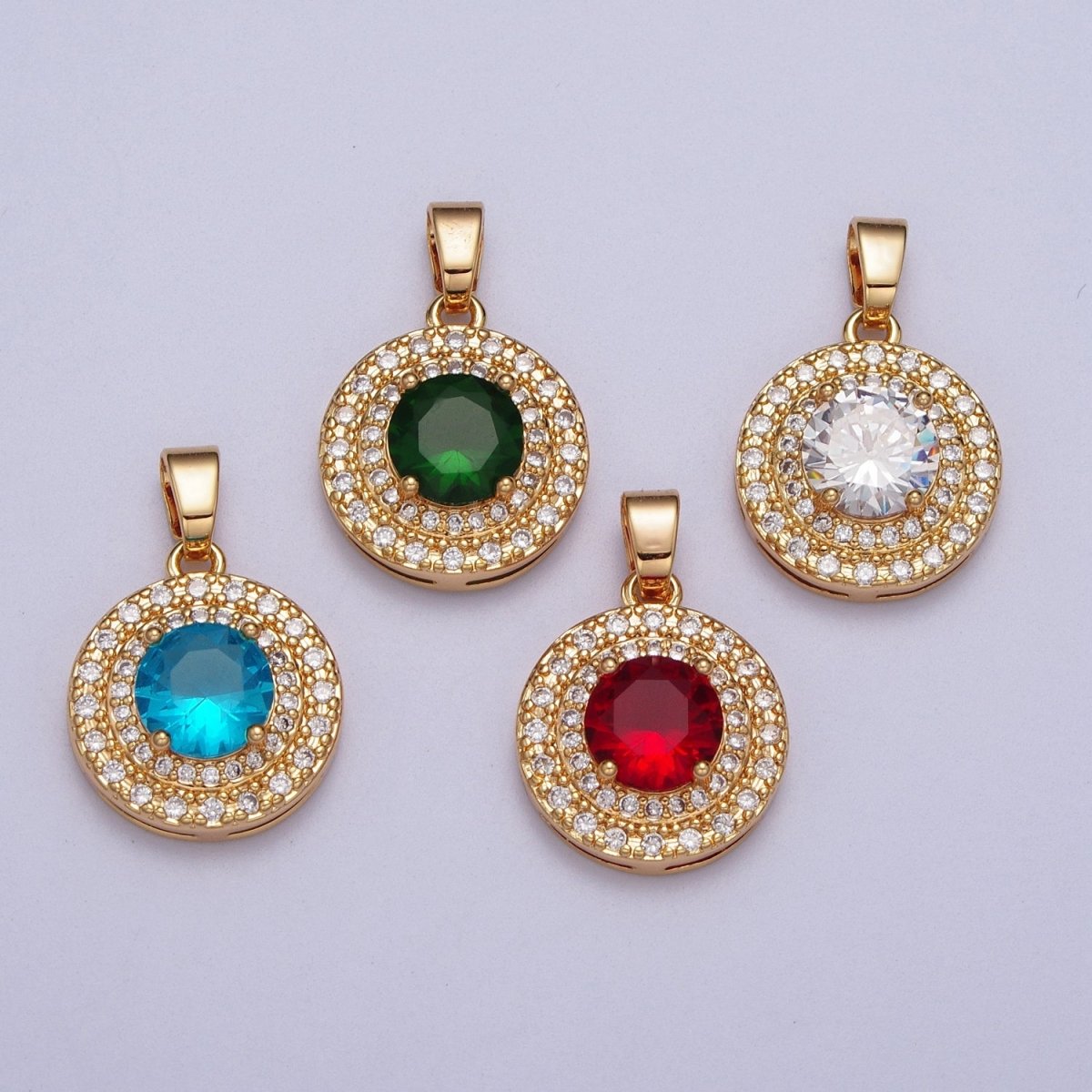 Clear, Red, Blue, Green CZ Micro Paved Round Gold Pendant | AA014 - AA017