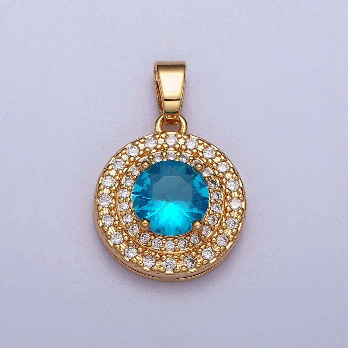 Clear, Red, Blue, Green CZ Micro Paved Round Gold Pendant | AA014 - AA017