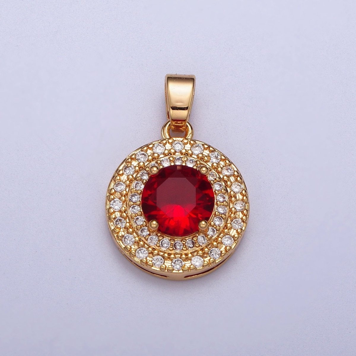 Clear, Red, Blue, Green CZ Micro Paved Round Gold Pendant | AA014 - AA017