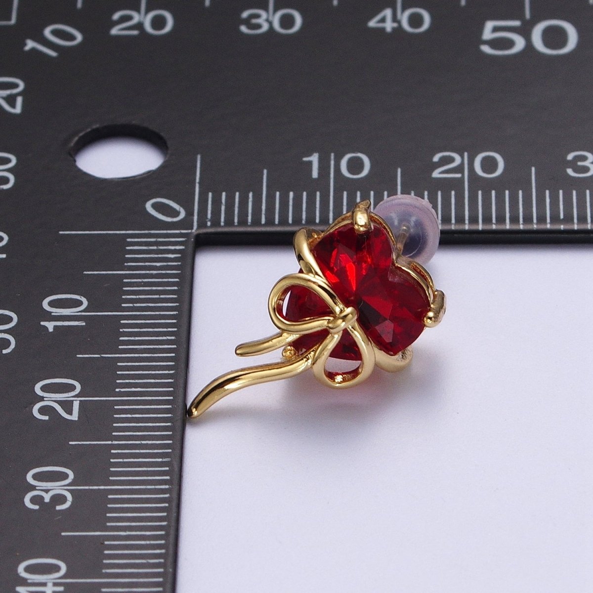 Clear / Red Heart Cubic Zirconia Ribbon Gold Studs Earrings For Valentine Love | AD-075 AD-076
