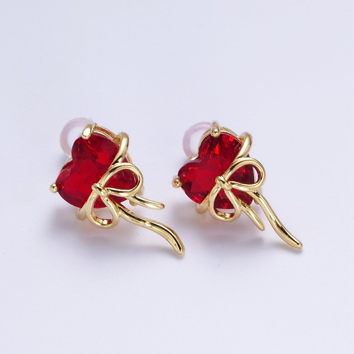 Clear / Red Heart Cubic Zirconia Ribbon Gold Studs Earrings For Valentine Love | AD-075 AD-076