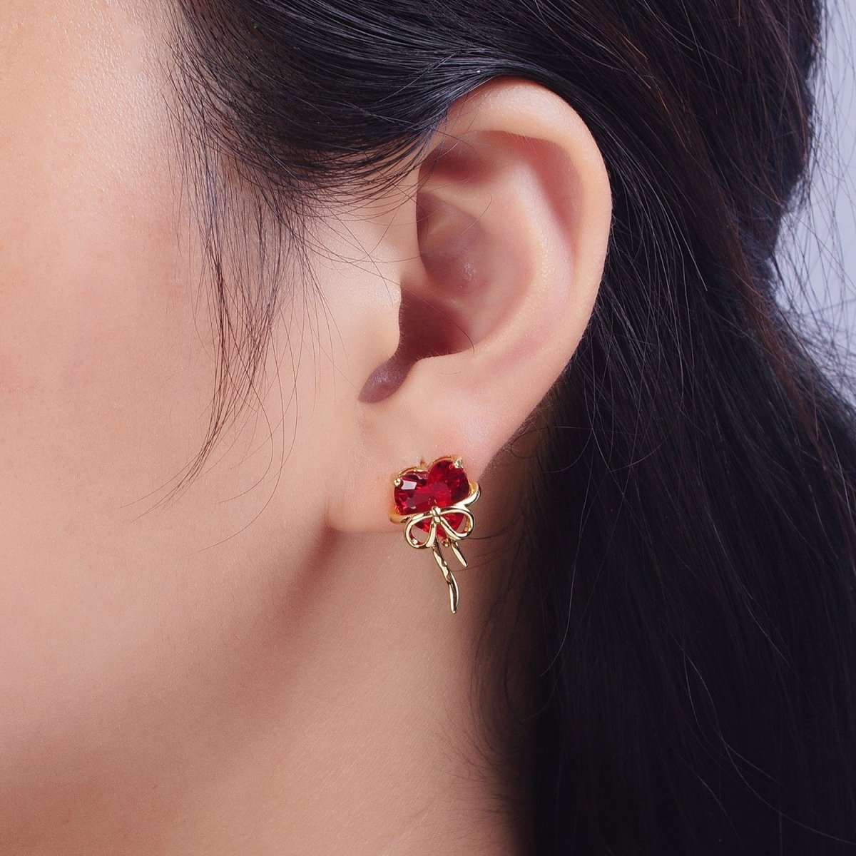 Clear / Red Heart Cubic Zirconia Ribbon Gold Studs Earrings For Valentine Love | AD-075 AD-076