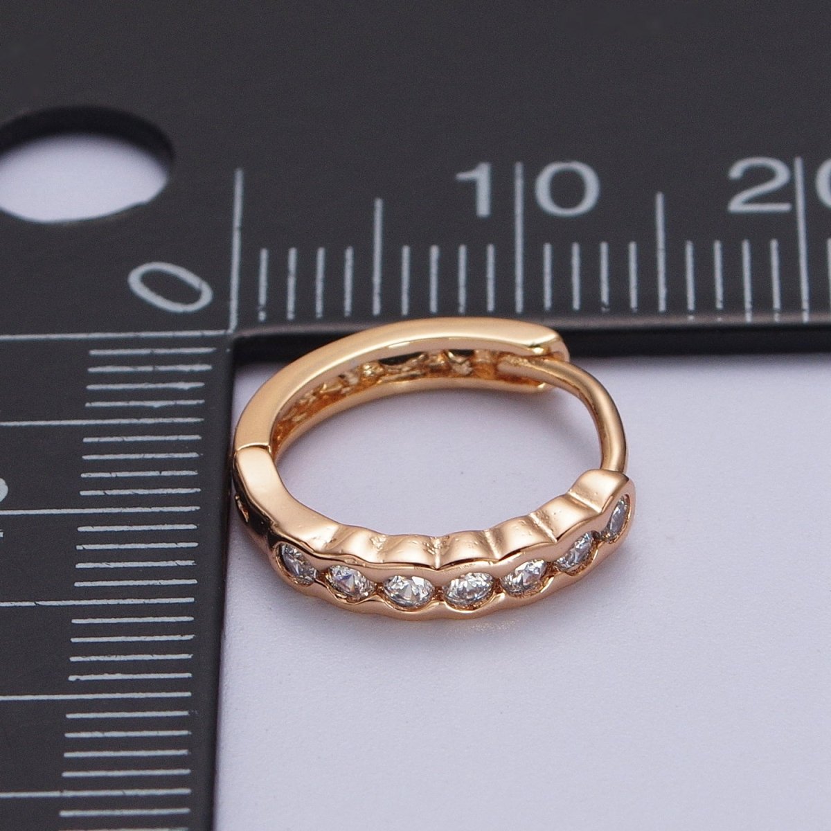 Clear Round Dotted CZ Lined 14.4mm Pinky Gold Huggie Hoop Earrings | V-041