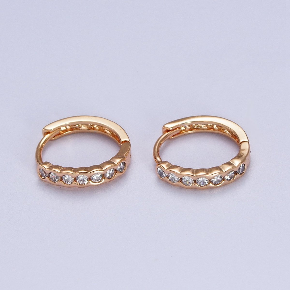 Clear Round Dotted CZ Lined 14.4mm Pinky Gold Huggie Hoop Earrings | V-041
