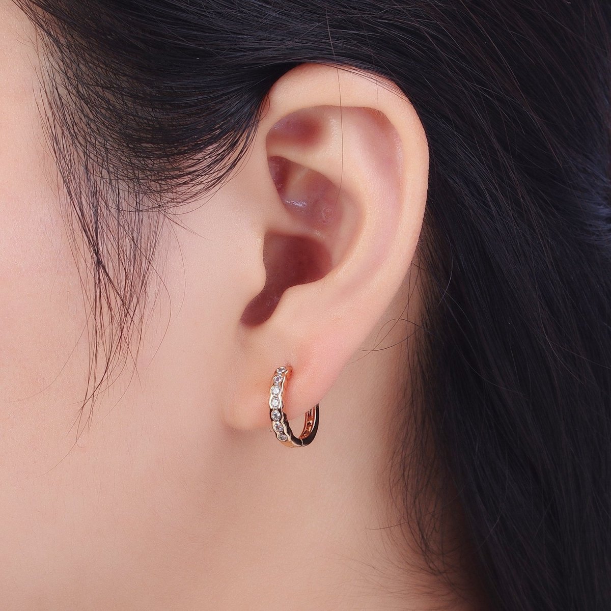 Clear Round Dotted CZ Lined 14.4mm Pinky Gold Huggie Hoop Earrings | V-041