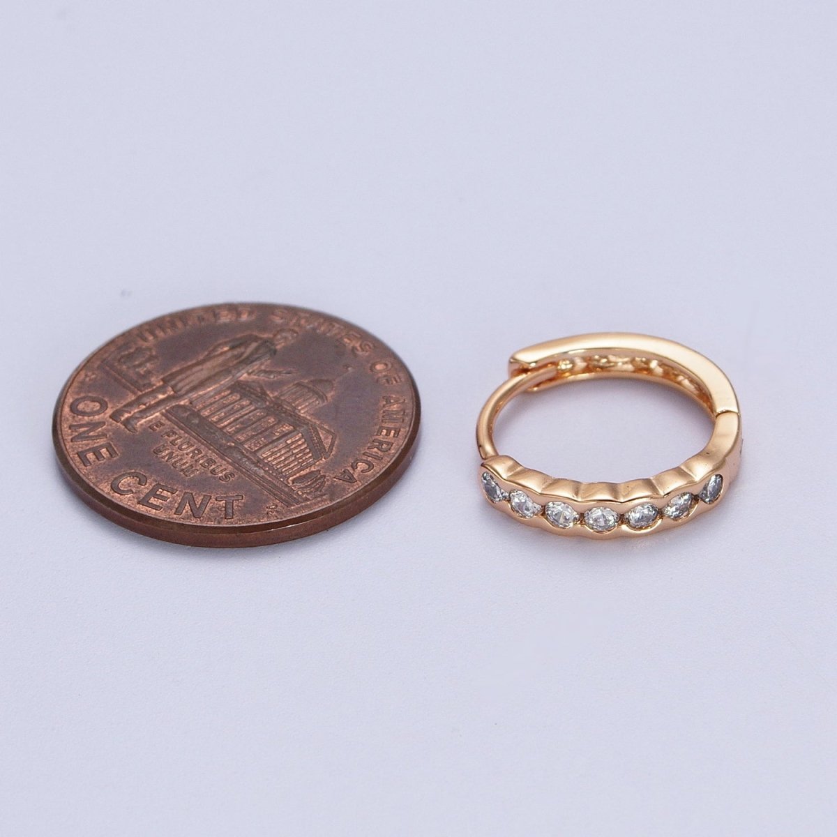 Clear Round Dotted CZ Lined 14.4mm Pinky Gold Huggie Hoop Earrings | V-041