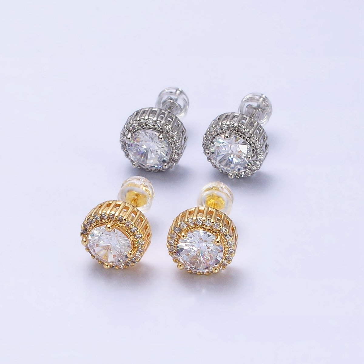 Clear Round Micro Paved CZ Silver, Gold Stud Earrings | AB563 AB671
