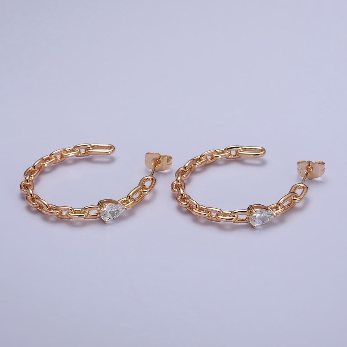 Clear Teardrop CZ C-Shaped Cable Paperclip Chain Link 38mm Hoop Earrings | AB159 - DLUXCA