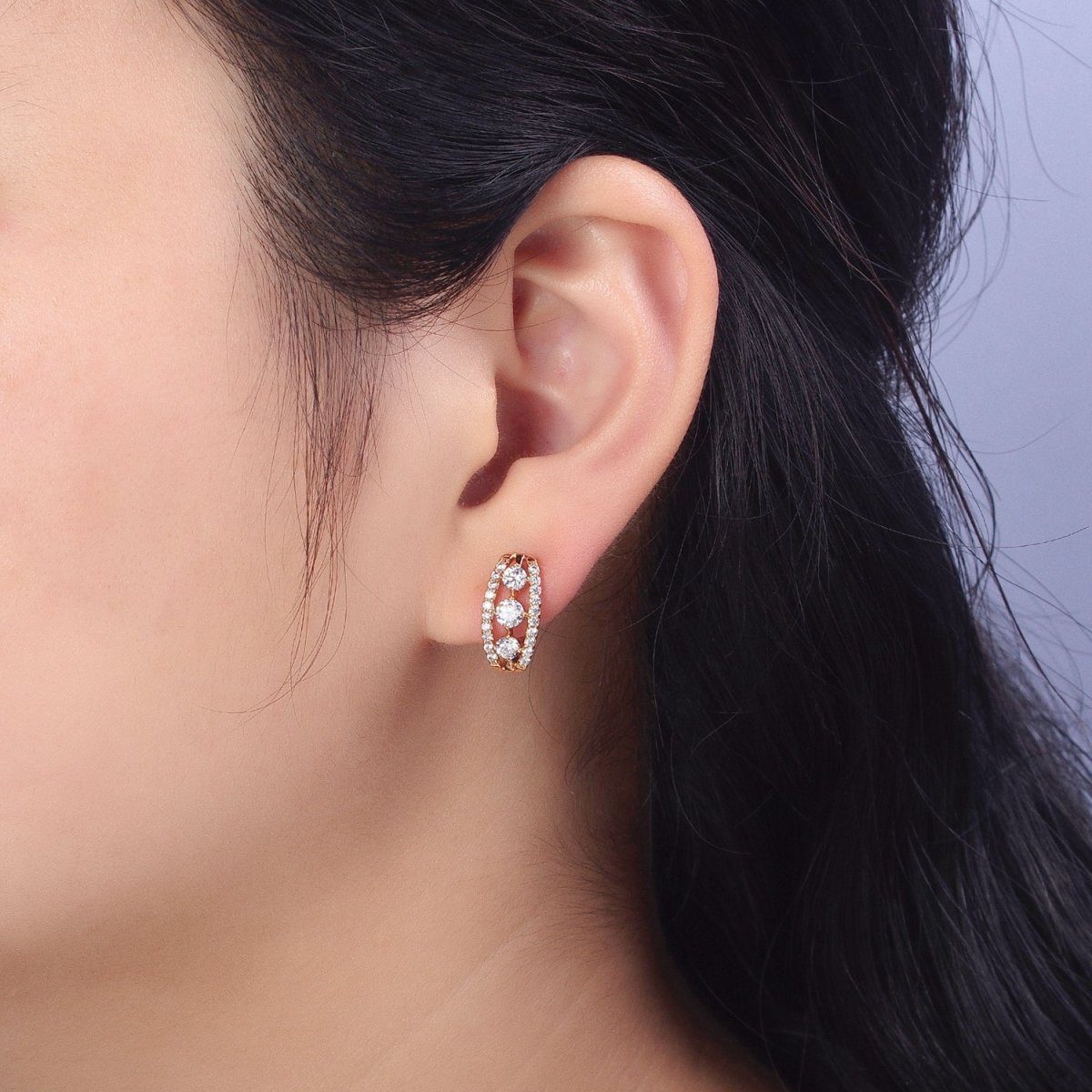 Clear Triple Round Micro Paved CZ Band Minimalist Gold English Lock Earrings | AB230 - DLUXCA