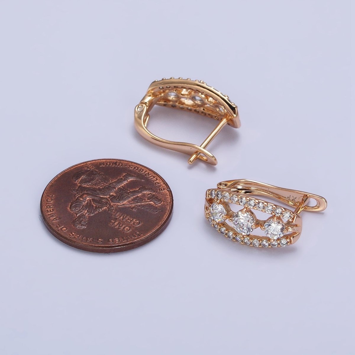 Clear Triple Round Micro Paved CZ Band Minimalist Gold English Lock Earrings | AB230 - DLUXCA