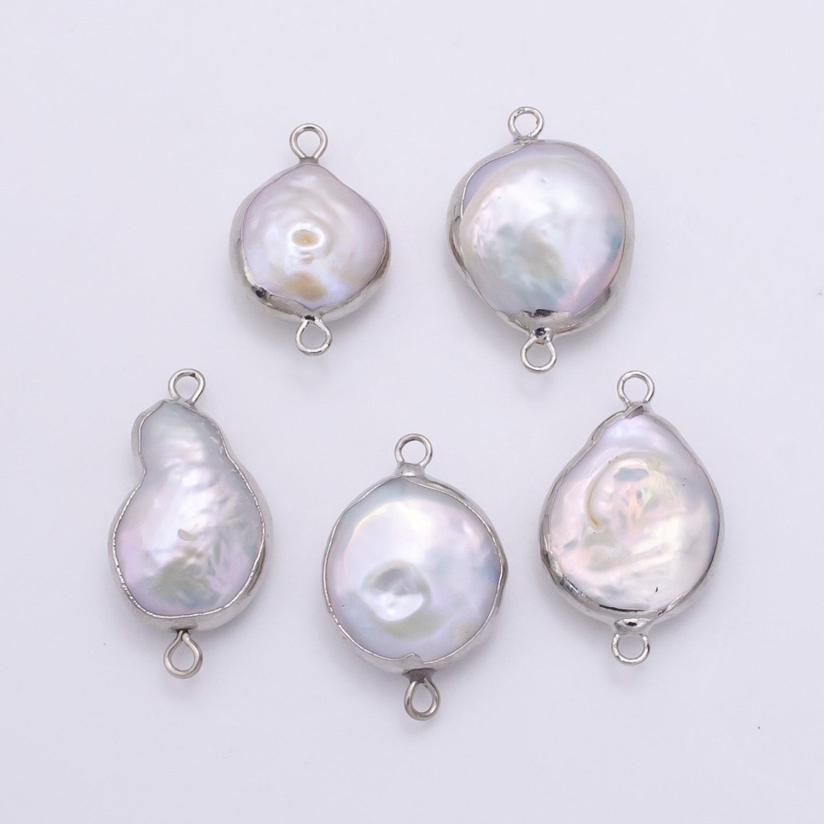 Clearance! Natural Freeform Coin Pearl Charm, Pearl Connector Double Bail, Silver Plated Pearl Charm for Bracelet Necklace Earring Making 19x12mm P-1767 - DLUXCA
