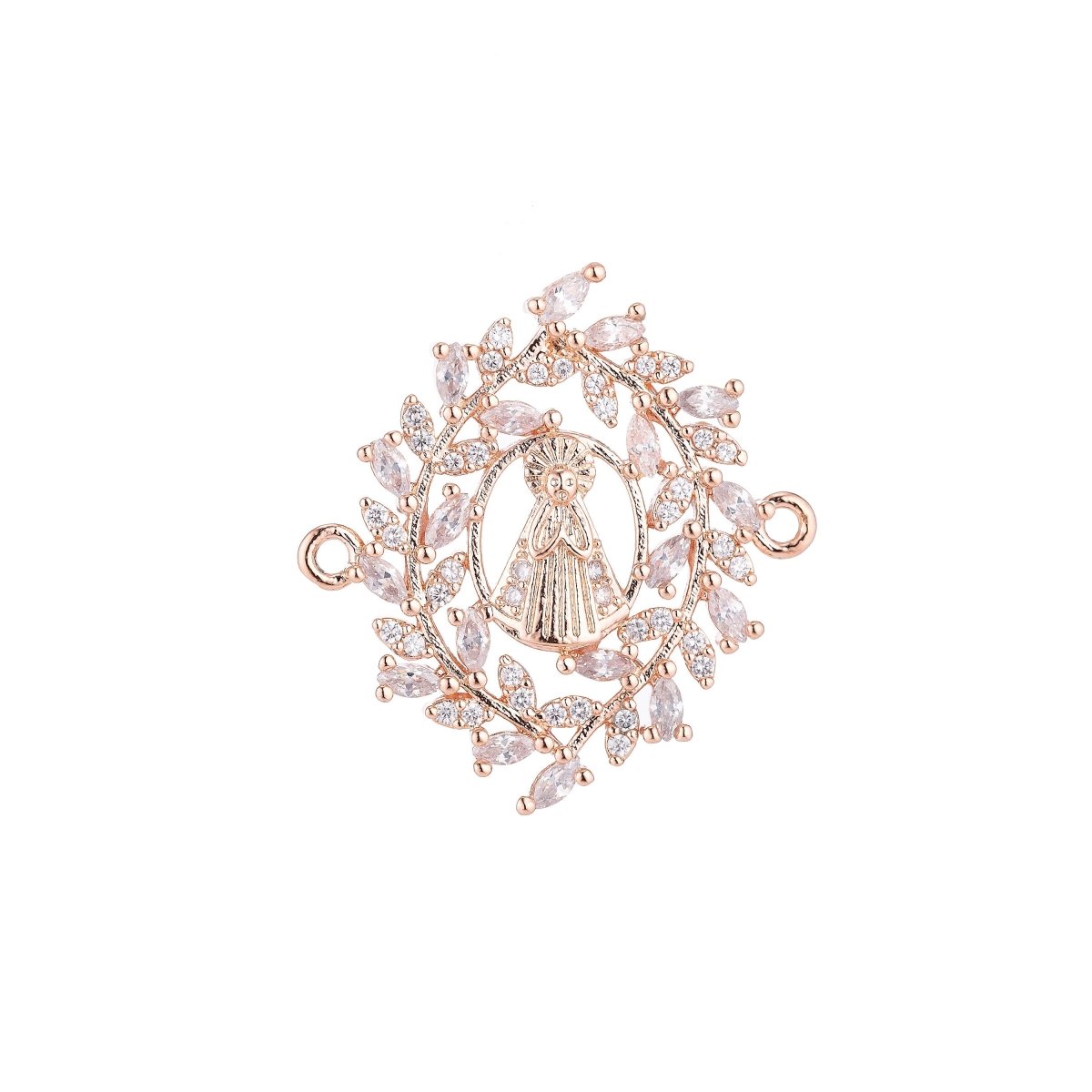 CLEARANCE | White, Rose Gold, 18K Gold Filled, Gun Metal Plated Spiritual Religious Mother Mary Praying in Wreath, Cubic Zirconia Bracelet Charm Bead Finding Connector For Jewelry Making | F-022