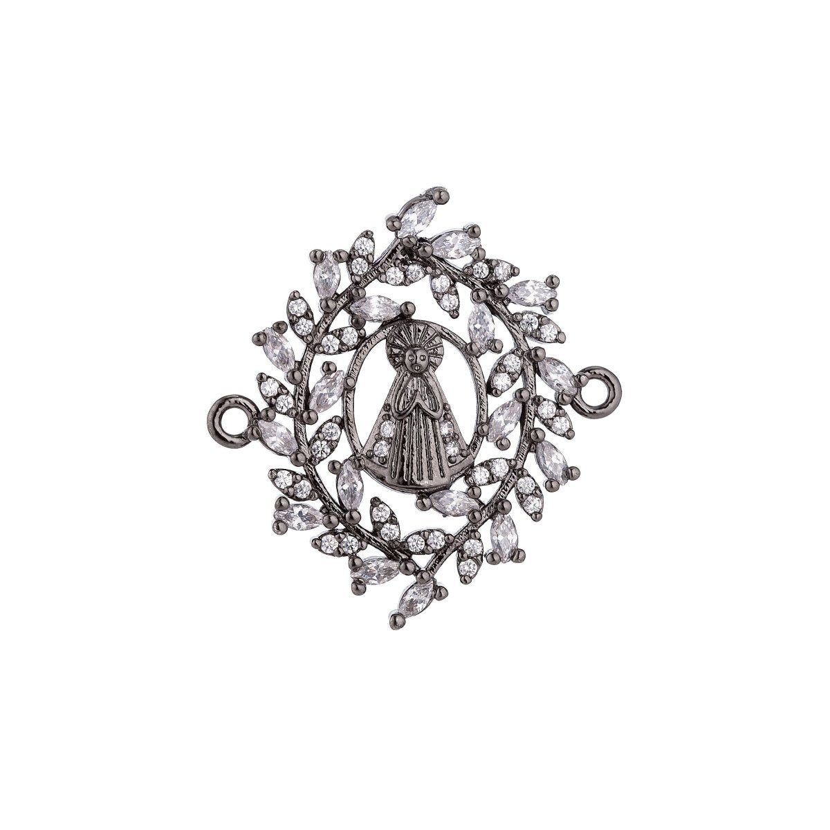 CLEARANCE | White, Rose Gold, 18K Gold Filled, Gun Metal Plated Spiritual Religious Mother Mary Praying in Wreath, Cubic Zirconia Bracelet Charm Bead Finding Connector For Jewelry Making | F-022