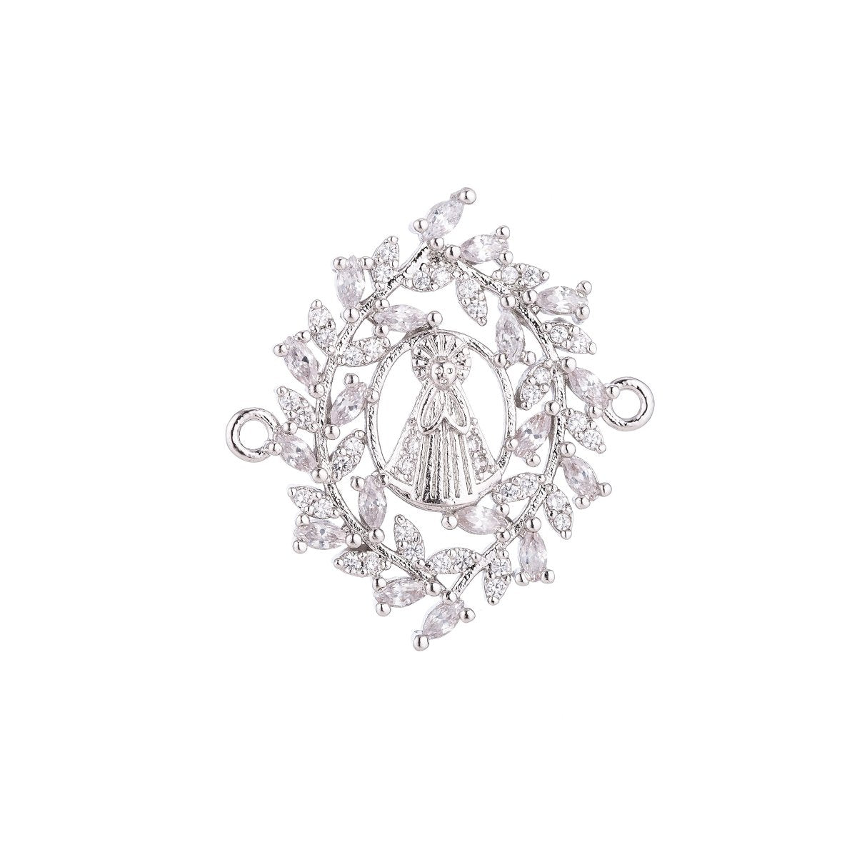 CLEARANCE | White, Rose Gold, 18K Gold Filled, Gun Metal Plated Spiritual Religious Mother Mary Praying in Wreath, Cubic Zirconia Bracelet Charm Bead Finding Connector For Jewelry Making | F-022