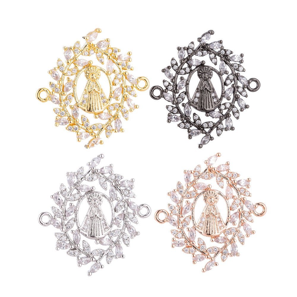 CLEARANCE | White, Rose Gold, 18K Gold Filled, Gun Metal Plated Spiritual Religious Mother Mary Praying in Wreath, Cubic Zirconia Bracelet Charm Bead Finding Connector For Jewelry Making | F-022