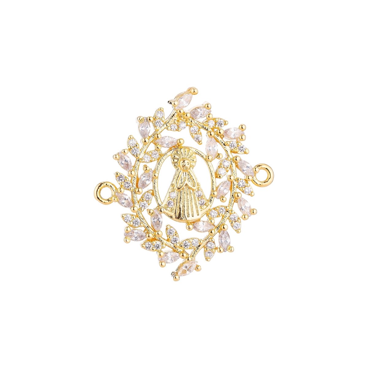 CLEARANCE | White, Rose Gold, 18K Gold Filled, Gun Metal Plated Spiritual Religious Mother Mary Praying in Wreath, Cubic Zirconia Bracelet Charm Bead Finding Connector For Jewelry Making | F-022