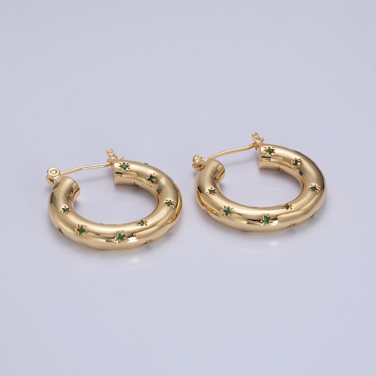 Clear/Green Celestial Star Studded French Lock Hinged Hook Hoop Earrings in Silver & Gold P-383 P-384