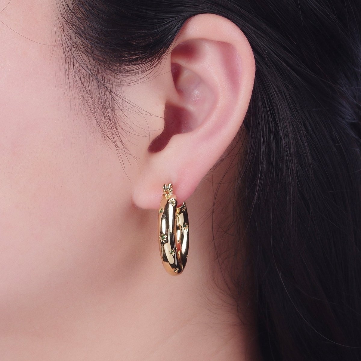 Clear/Green Celestial Star Studded French Lock Hinged Hook Hoop Earrings in Silver & Gold P-383 P-384