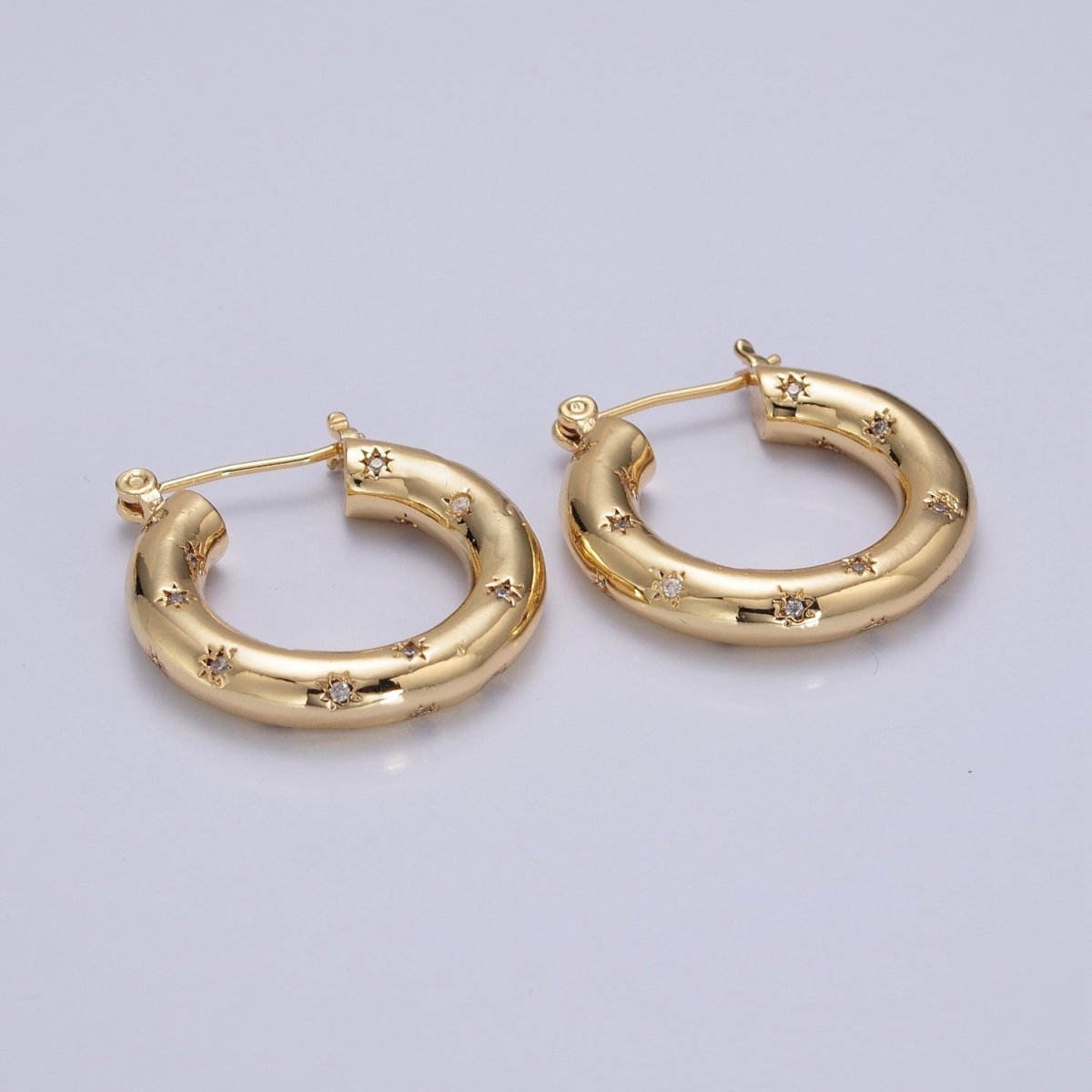 Clear/Green Celestial Star Studded French Lock Hinged Hook Hoop Earrings in Silver & Gold P-383 P-384