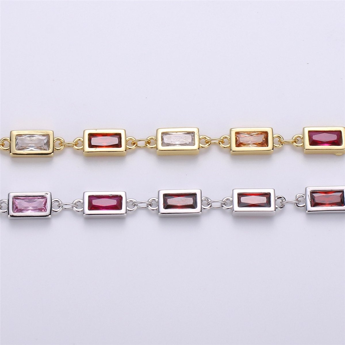 Colorful Cubic Zirconia Chain in 24K Gold Filled Rosary Chains for DIY Jewelry Making Supplies Square Bezel Chains Silver White Gold Filled, DESIGNED Chain |  ROLL-106 ROLL-107 Clearance Pricing