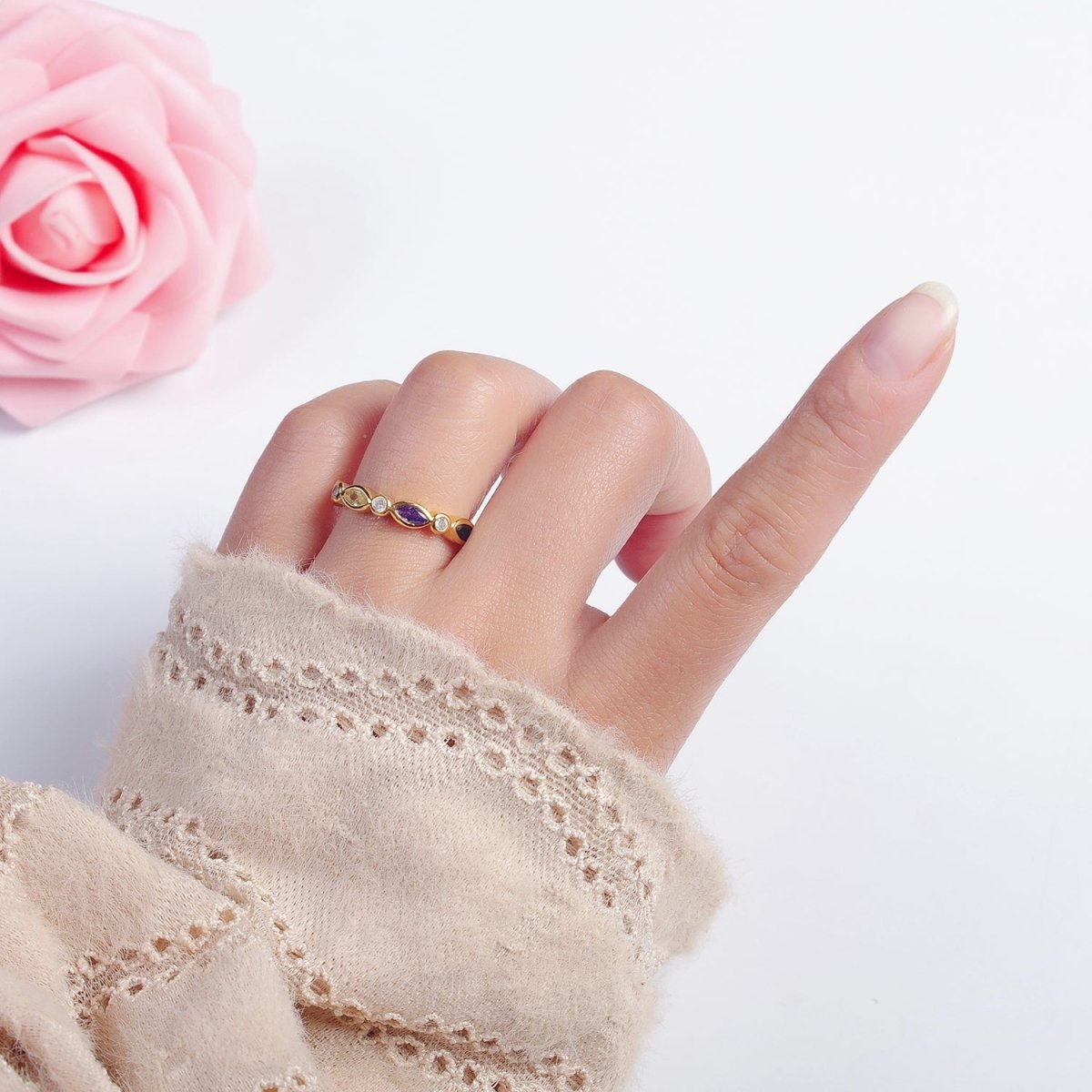 Colorful Cz ring, Gold Filled stacking ring Eye ring Thin CZ gold Ring Open Adjustable Ring O-2119