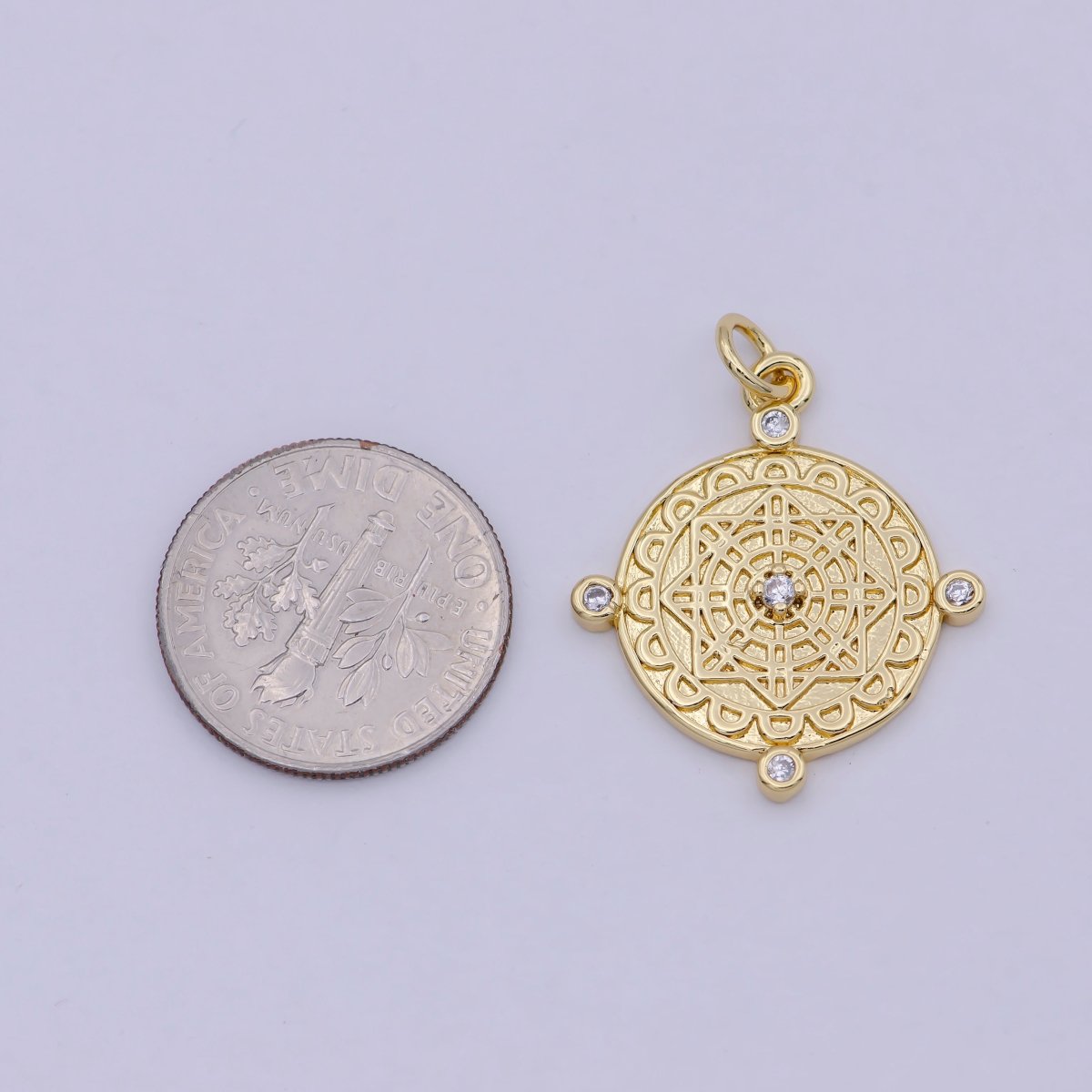 Compass Pendant, cubic zirconia cz diamonds, 14K Gold Filled, medallion pendant for Necklace Jewelry Making W-170 - DLUXCA