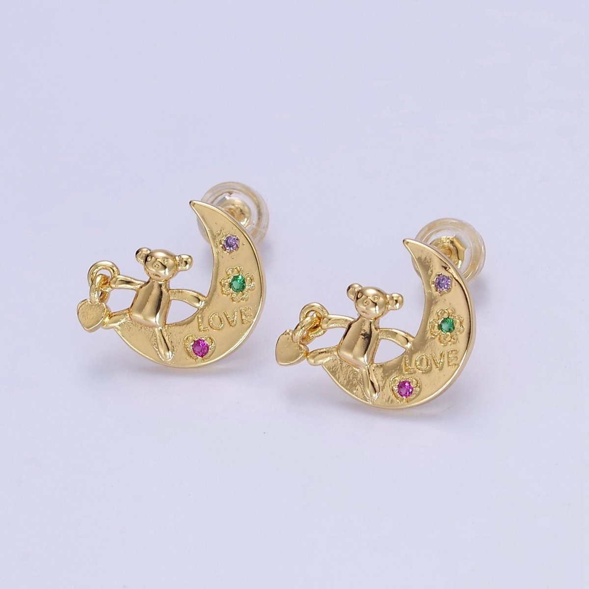 Crescent Moon and Teddy Bear Stud Earring CZ Moon Earring Gold Stud V-122 - DLUXCA