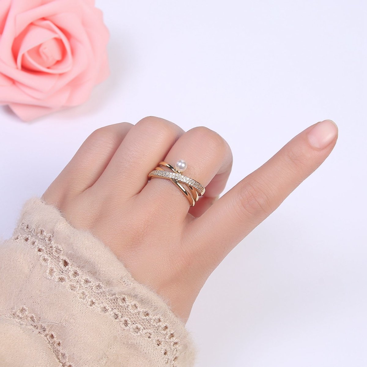 Criss Cross Ring - Double Band Ring - Gold Ring women - 14K Gold Fill Cubic Zirconia Cross Ring U-521 ~ U-524