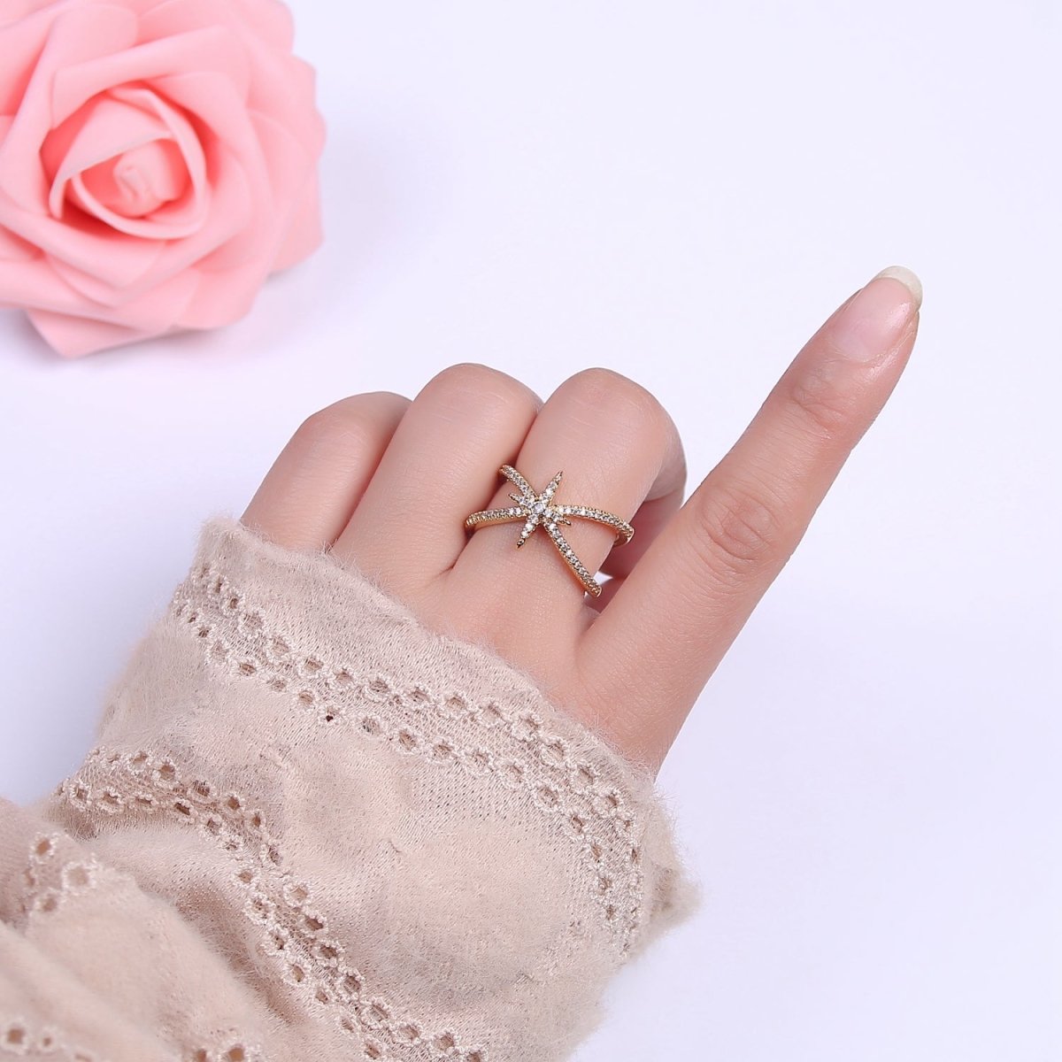 Criss Cross Star Ring, CZ Ring, Statement Ring Silver, X rings, Crossover Ring Open Adjustable 14k Gold Filled S-449 S-450