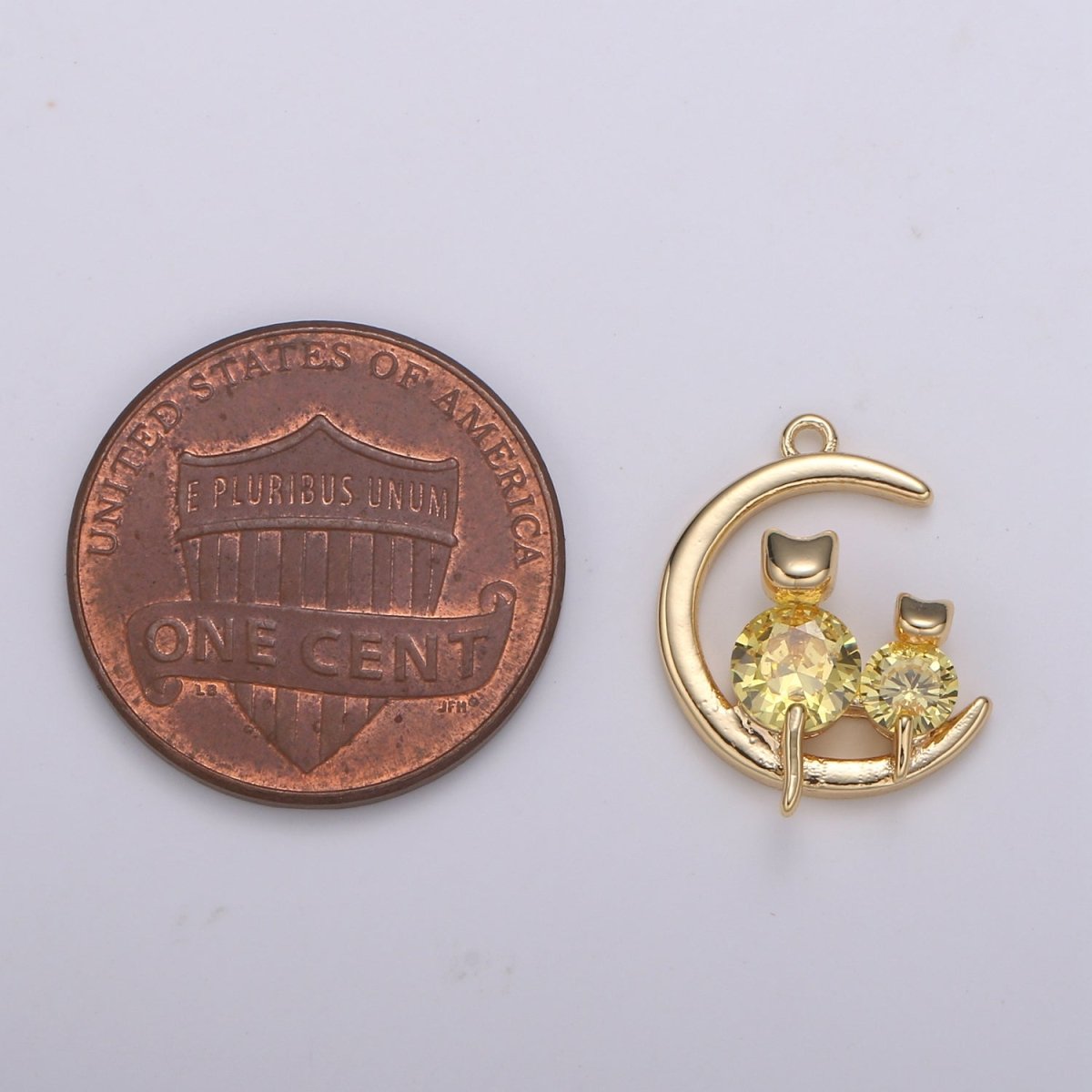 Crystal Cat Kitten Sitting on Golden Crescent Charm CZ Animal and Plain Gold Sky Object Nature Charm Pendant