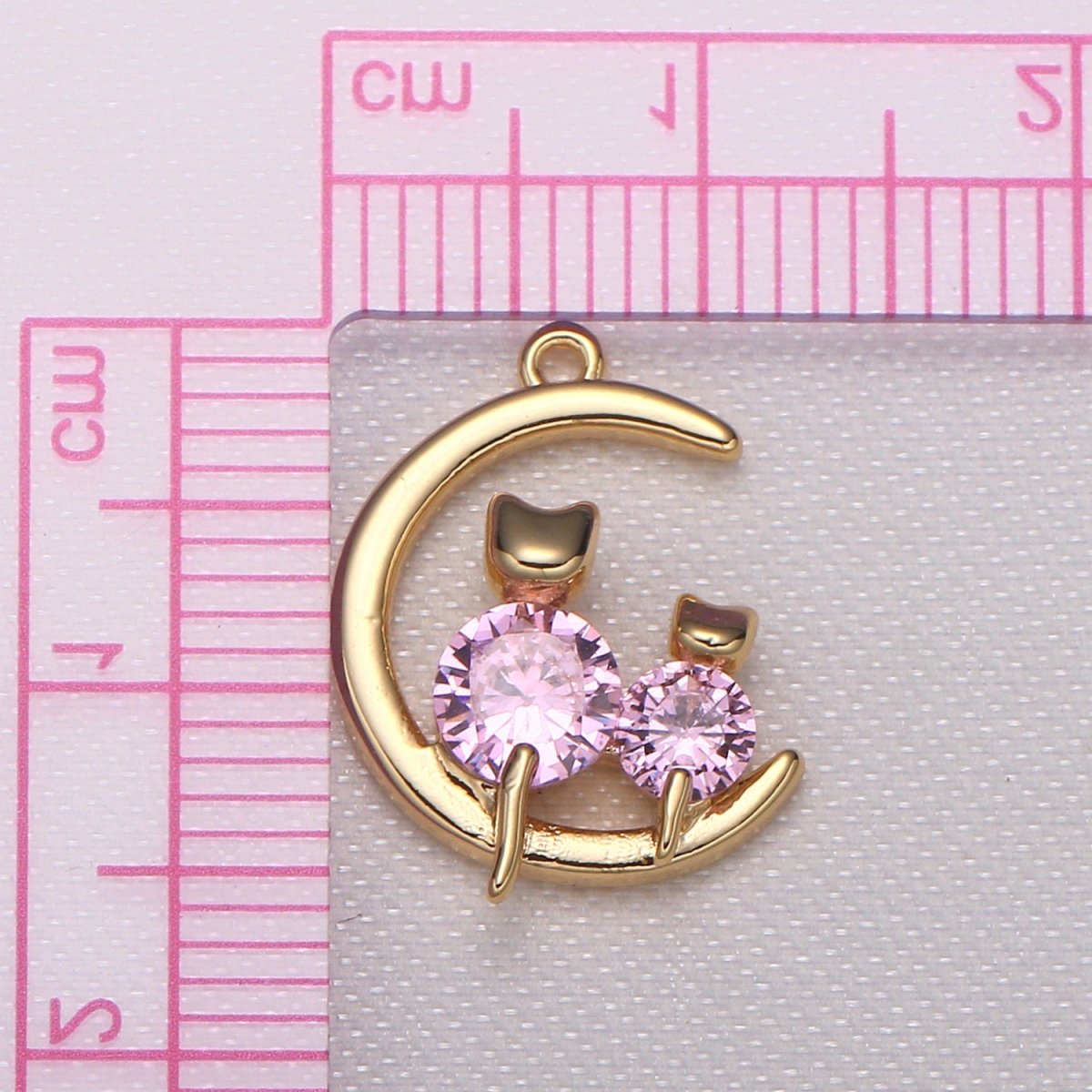 Crystal Cat Kitten Sitting on Golden Crescent Charm CZ Animal and Plain Gold Sky Object Nature Charm Pendant