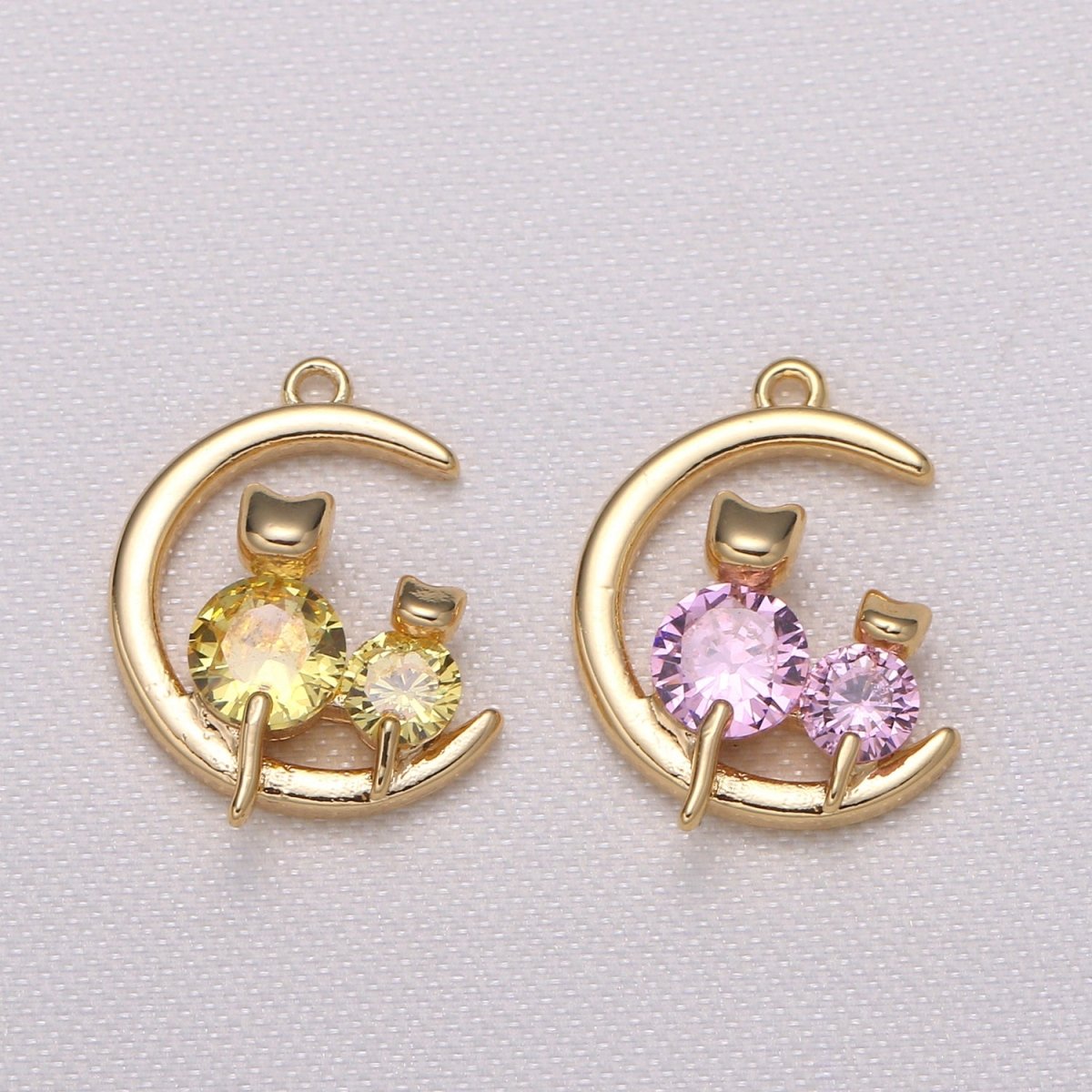 Crystal Cat Kitten Sitting on Golden Crescent Charm CZ Animal and Plain Gold Sky Object Nature Charm Pendant