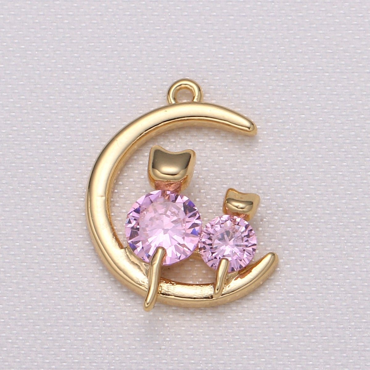 Crystal Cat Kitten Sitting on Golden Crescent Charm CZ Animal and Plain Gold Sky Object Nature Charm Pendant