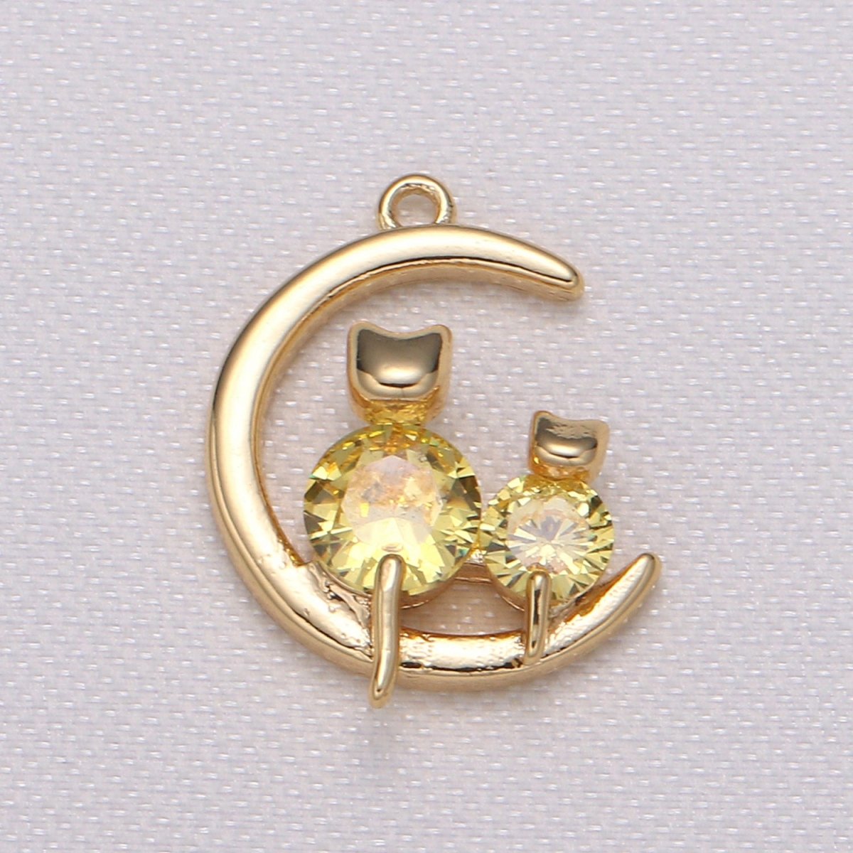 Crystal Cat Kitten Sitting on Golden Crescent Charm CZ Animal and Plain Gold Sky Object Nature Charm Pendant