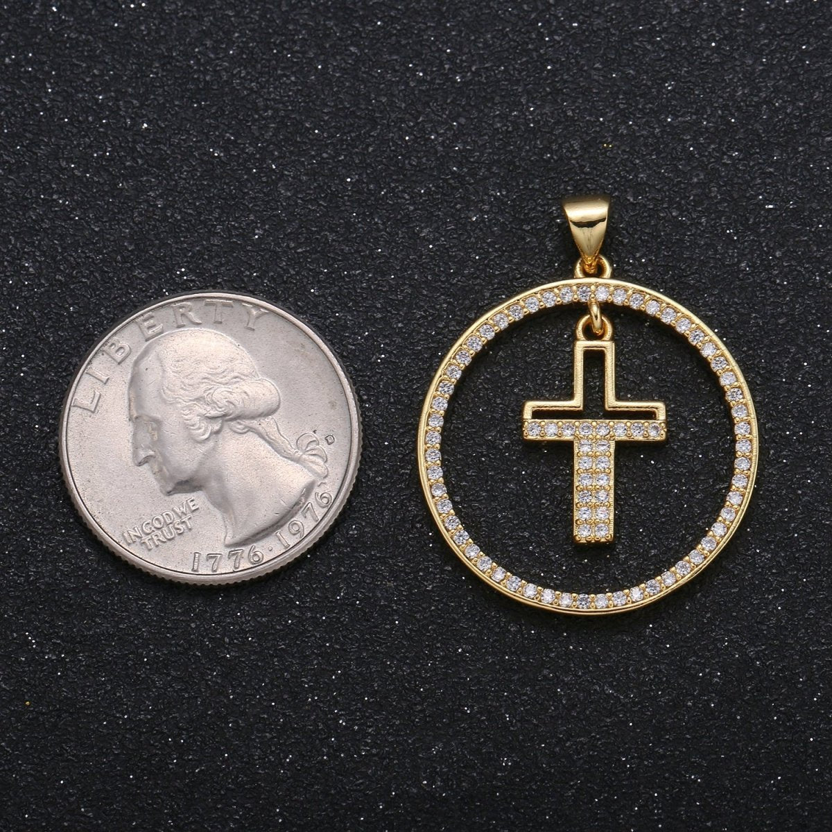 Crystal Cross Inside Gold Plated Round Circle Charm CZ Micro Pave Christian Cross Prayer Symbol Charm Pendant GP-049