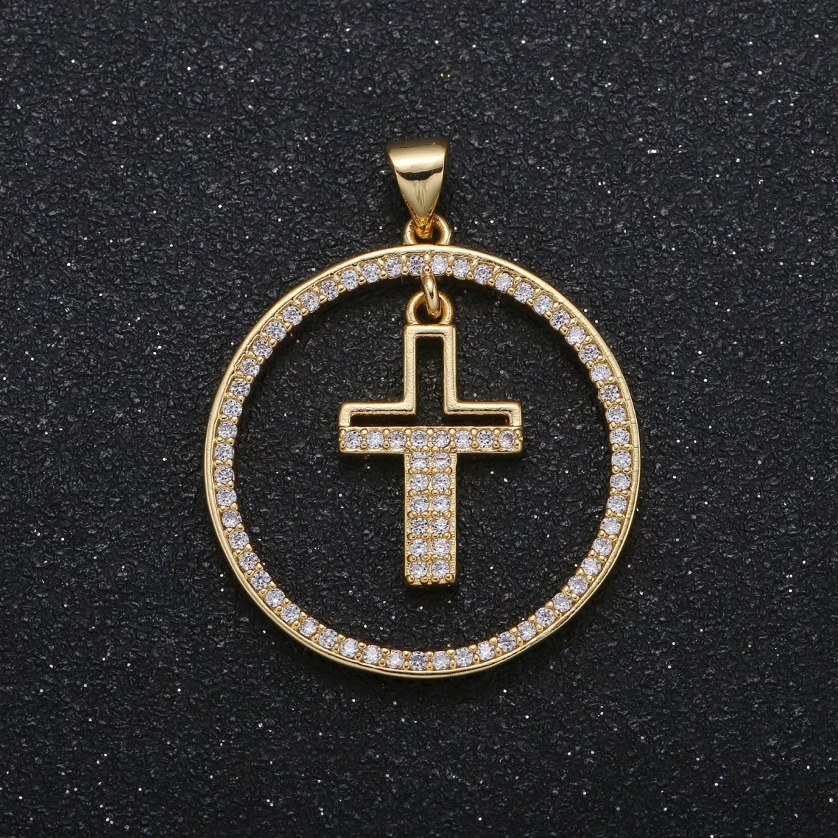 Crystal Cross Inside Gold Plated Round Circle Charm CZ Micro Pave Christian Cross Prayer Symbol Charm Pendant GP-049