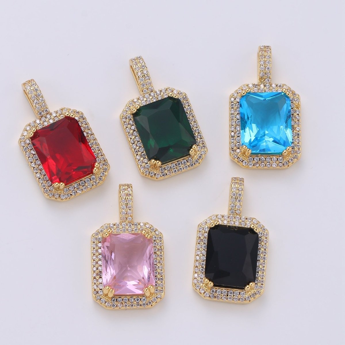 Cubic Blue, Black, Green, Pink, Red 24k Gold Filled Solitaire Micro Pave Pendant, Large Emerald Diamond Cut Square Cz Stone Pendant, J-238~J-242