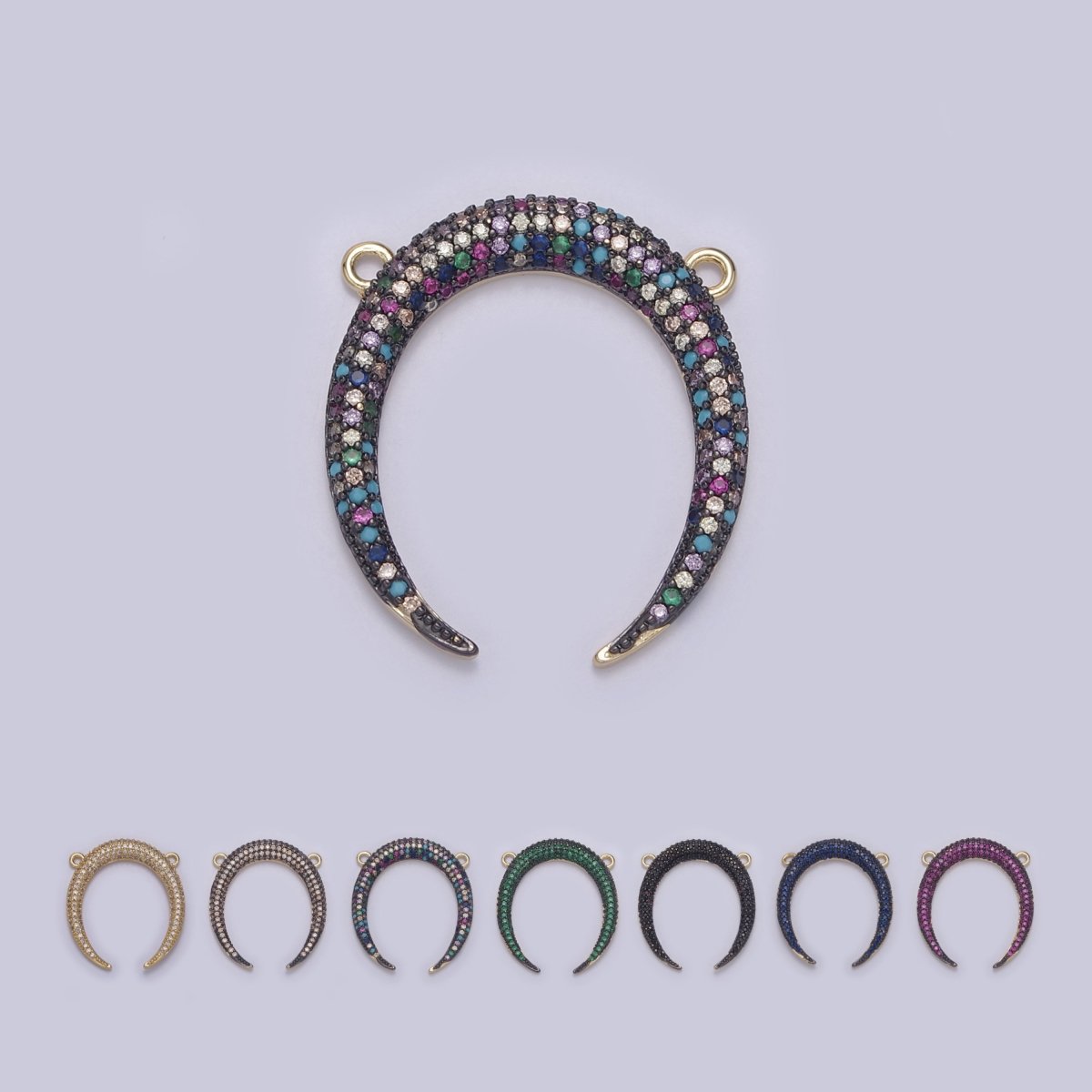 Cubic Crescent Moon Charm, Half Moon Pendant Gold Filled CZ Tusk Charm Connector Black Green Blue Moon Link Connector For Necklace F-721~F-727