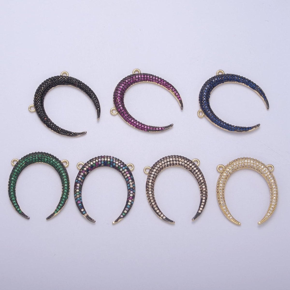 Cubic Crescent Moon Charm, Half Moon Pendant Gold Filled CZ Tusk Charm Connector Black Green Blue Moon Link Connector For Necklace F-721~F-727