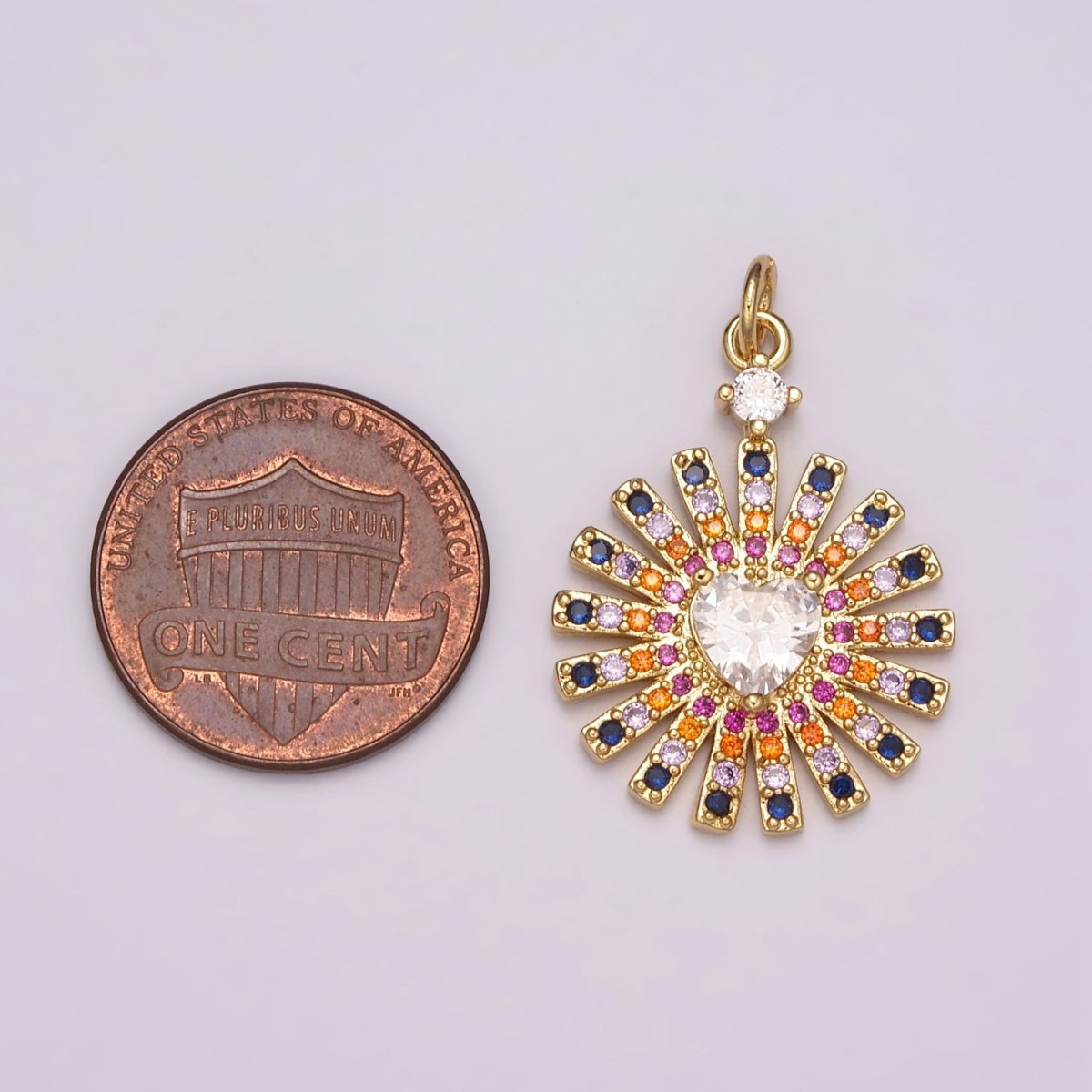 Cubic Heart with Sun Burst Charm 14k Gold Filled Colorful Round Sun Medallion Pendant N-178