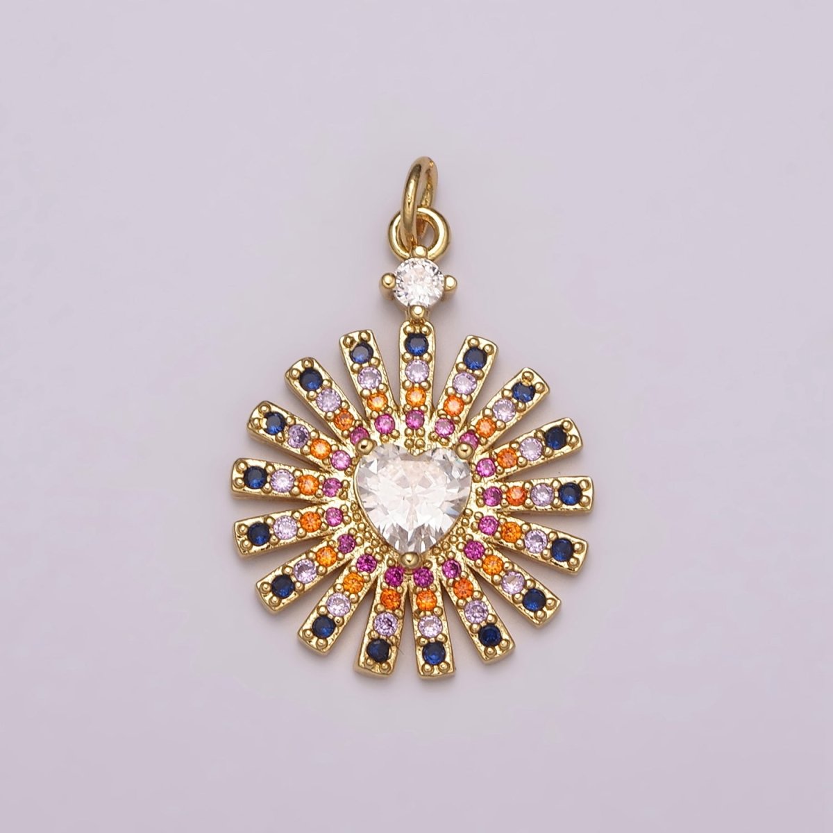 Cubic Heart with Sun Burst Charm 14k Gold Filled Colorful Round Sun Medallion Pendant N-178