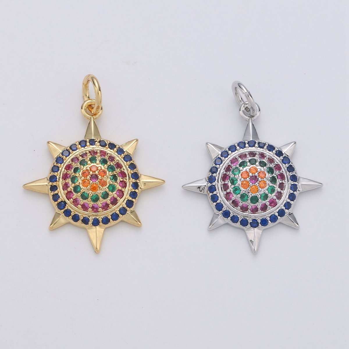 Cubic Sun charm, CZ Micro Pave Charm Nickel free, Necklace Component DIY Jewelry supplies, Silver, Gold Celestial pendant, D-186 D-187